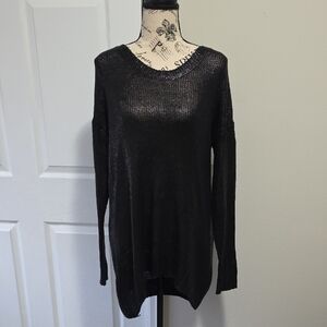 Elan Hi Lo Oversized Metallic Sweater Top Slight Dolman Sleeve Black Sz Small